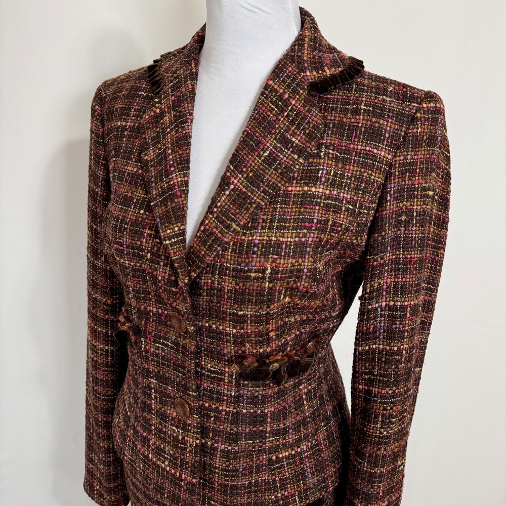 VTG Y2K Express Tweed Skirt Suit Set Size 8 6 Velvet Fringe Trim Preppy Sorority - Picture 7 of 16